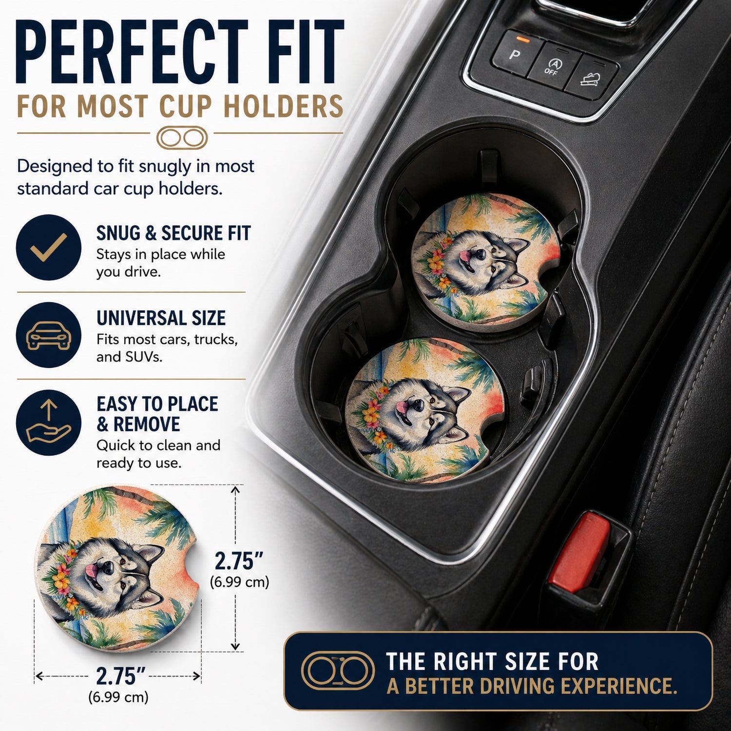Alaskan Malamute Luau Set of 2 Cup Holder Car Coasters Absorbent Round Sandstone Coasters Gifts for Men or Women, 2.5, Multicolor
