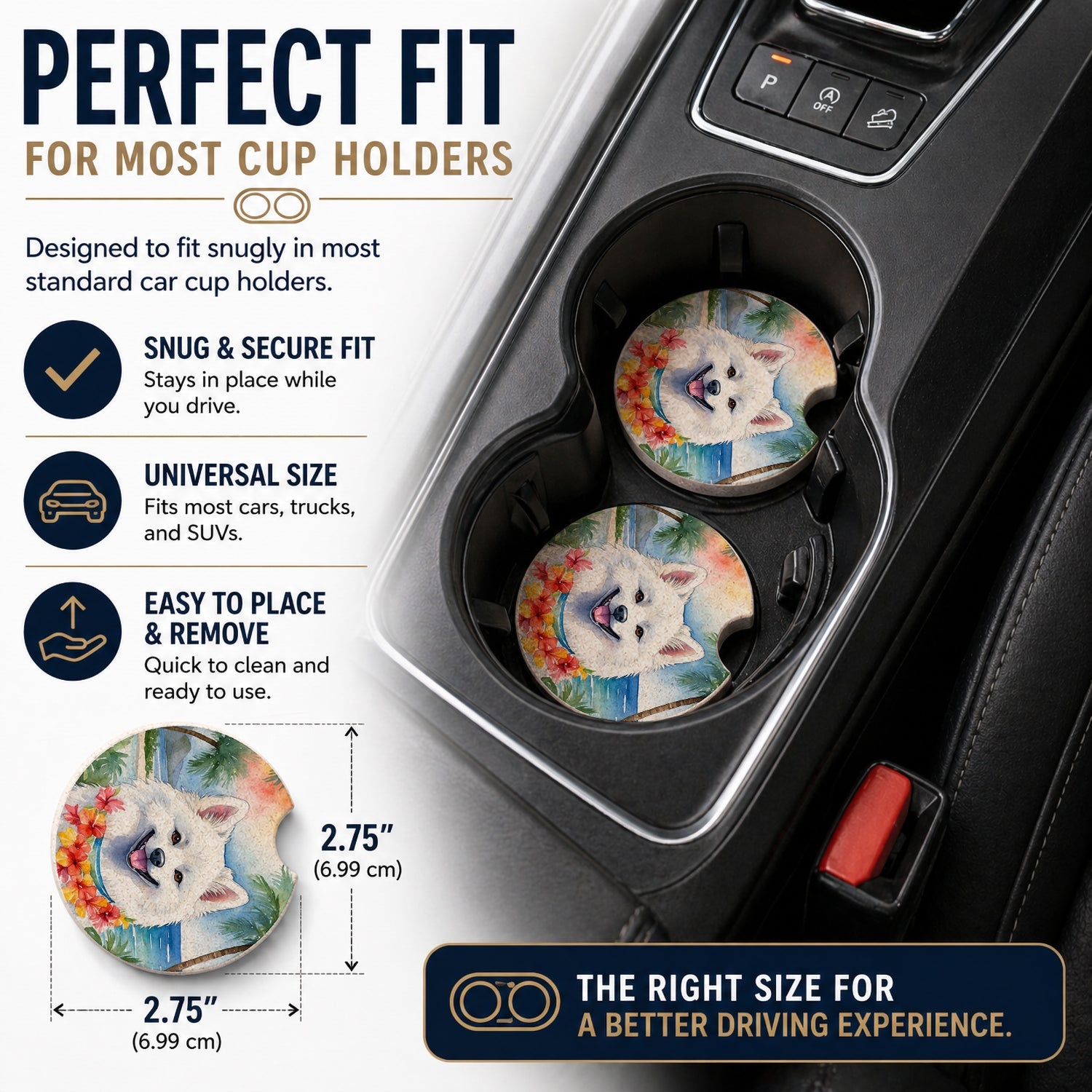 American Eskimo Luau Set of 2 Cup Holder Car Coasters Absorbent Round Sandstone Coasters Gifts for Men or Women, 2.5, Multicolor