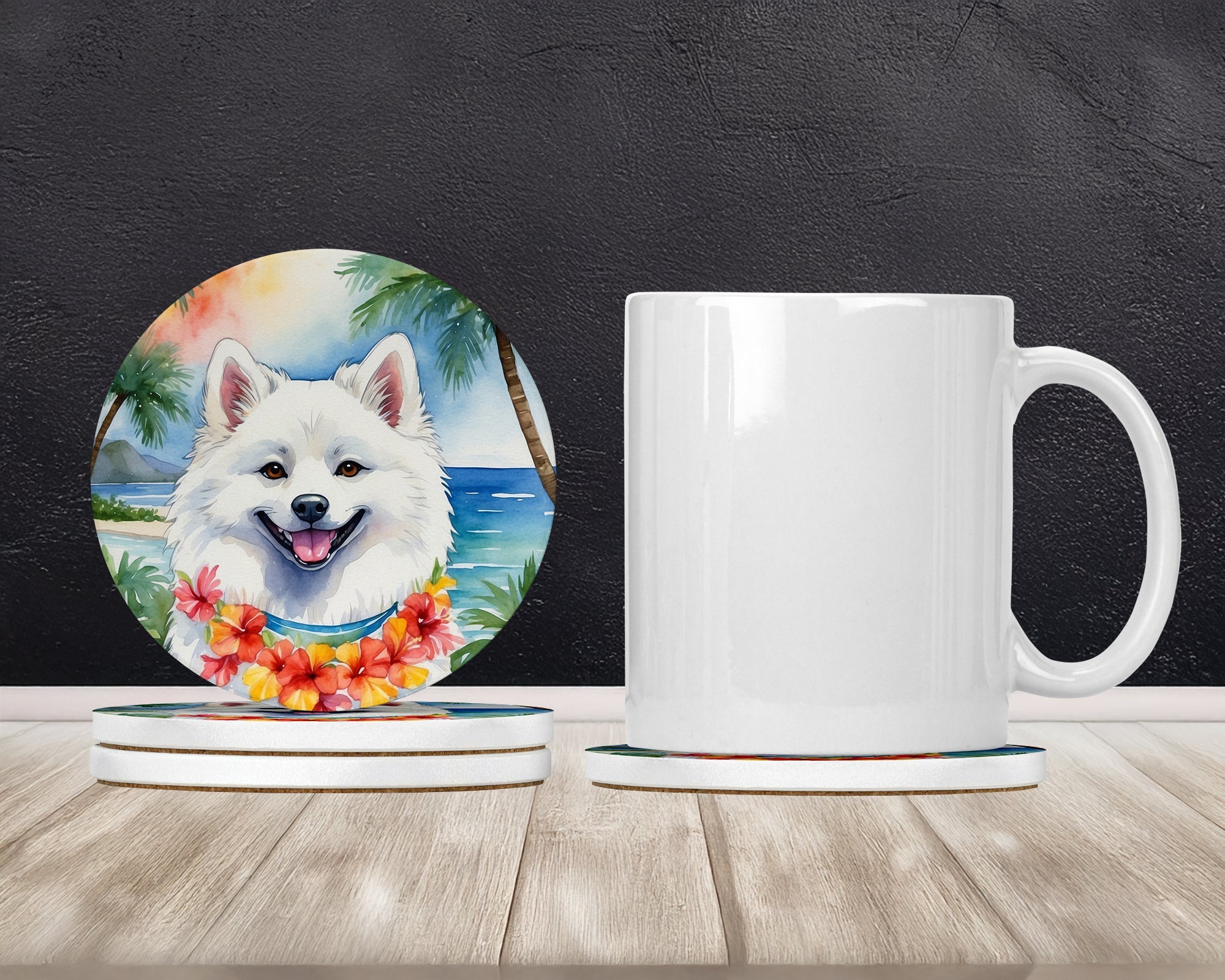 American Eskimo Luau Large Sandstone Coasters Pack of 4 Absorbent Round Coasters Decor Gifts for Men or Women, 4 in, Multicolor