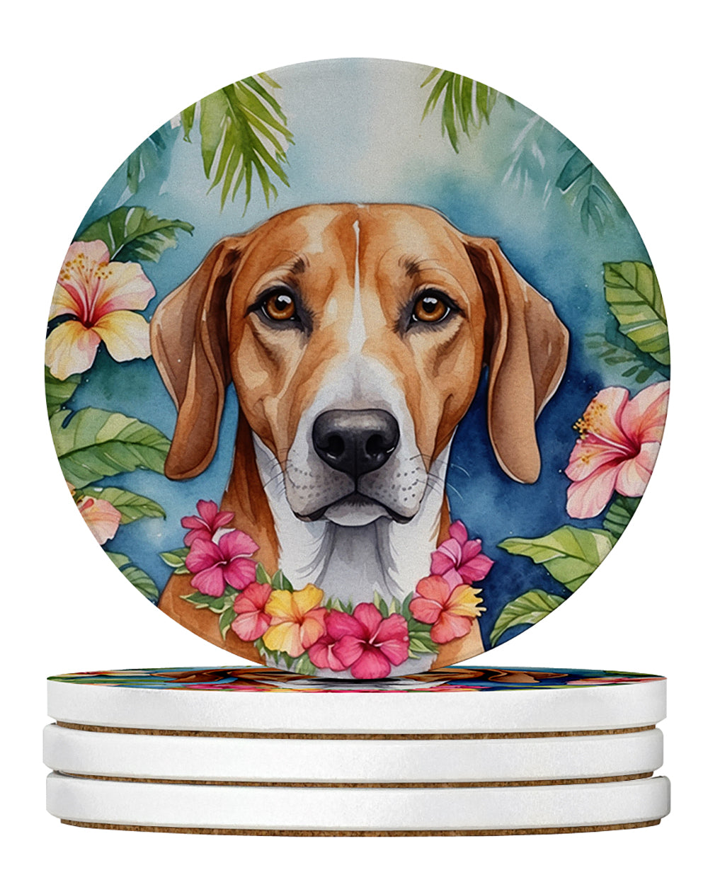 American Foxhound Luau Large Sandstone Coasters Pack of 4 Absorbent Round Coasters Decor Gifts for Men or Women, 4 in, Multicolor