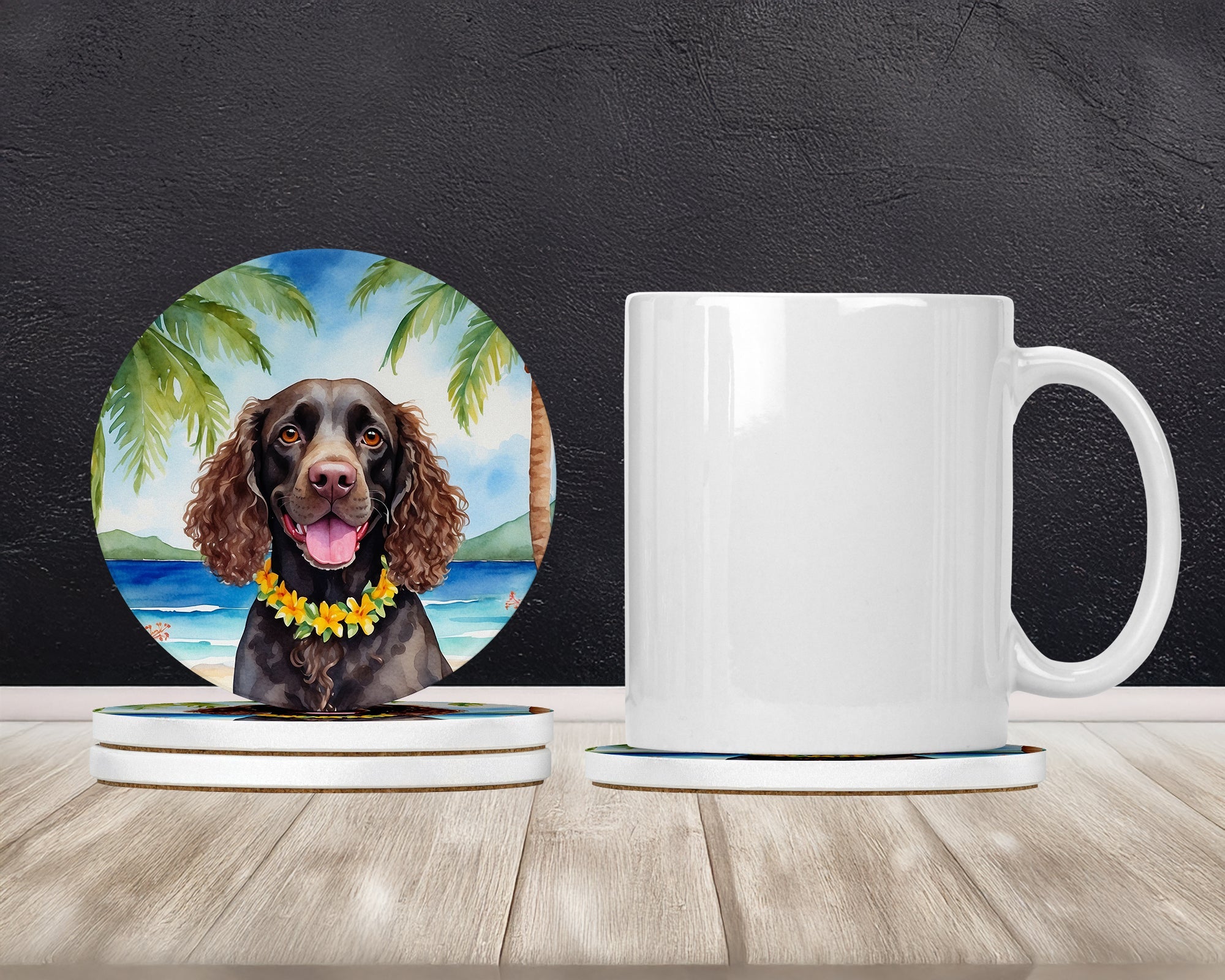 American Water Spaniel Luau Large Sandstone Coasters Pack of 4 Absorbent Round Coasters Decor Gifts for Men or Women, 4 in, Multicolor