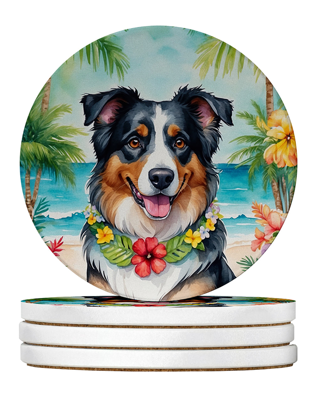 Australian Shepherd Luau Large Sandstone Coasters Pack of 4 Absorbent Round Coasters Decor Gifts for Men or Women, 4 in, Multicolor