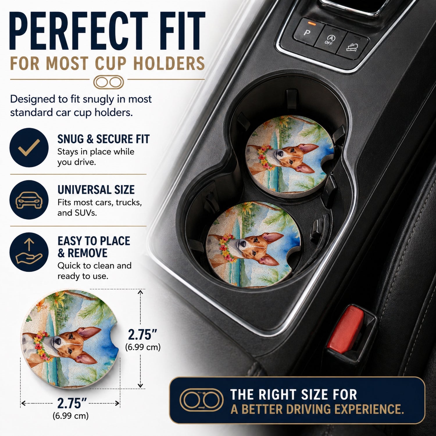 Basenji Luau Set of 2 Cup Holder Car Coasters Absorbent Round Sandstone Coasters Gifts for Men or Women, 2.5, Multicolor