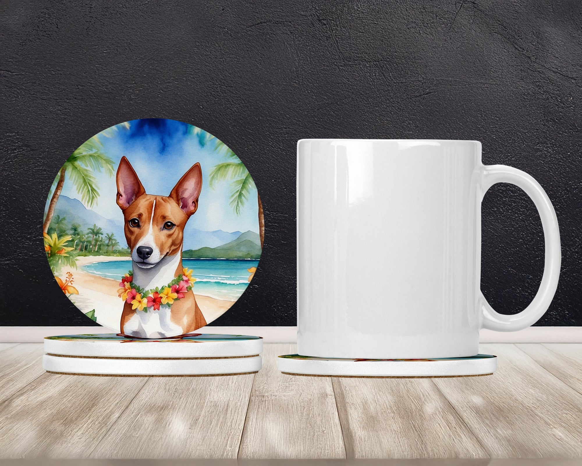 Basenji Luau Large Sandstone Coasters Pack of 4 Absorbent Round Coasters Decor Gifts for Men or Women, 4 in, Multicolor