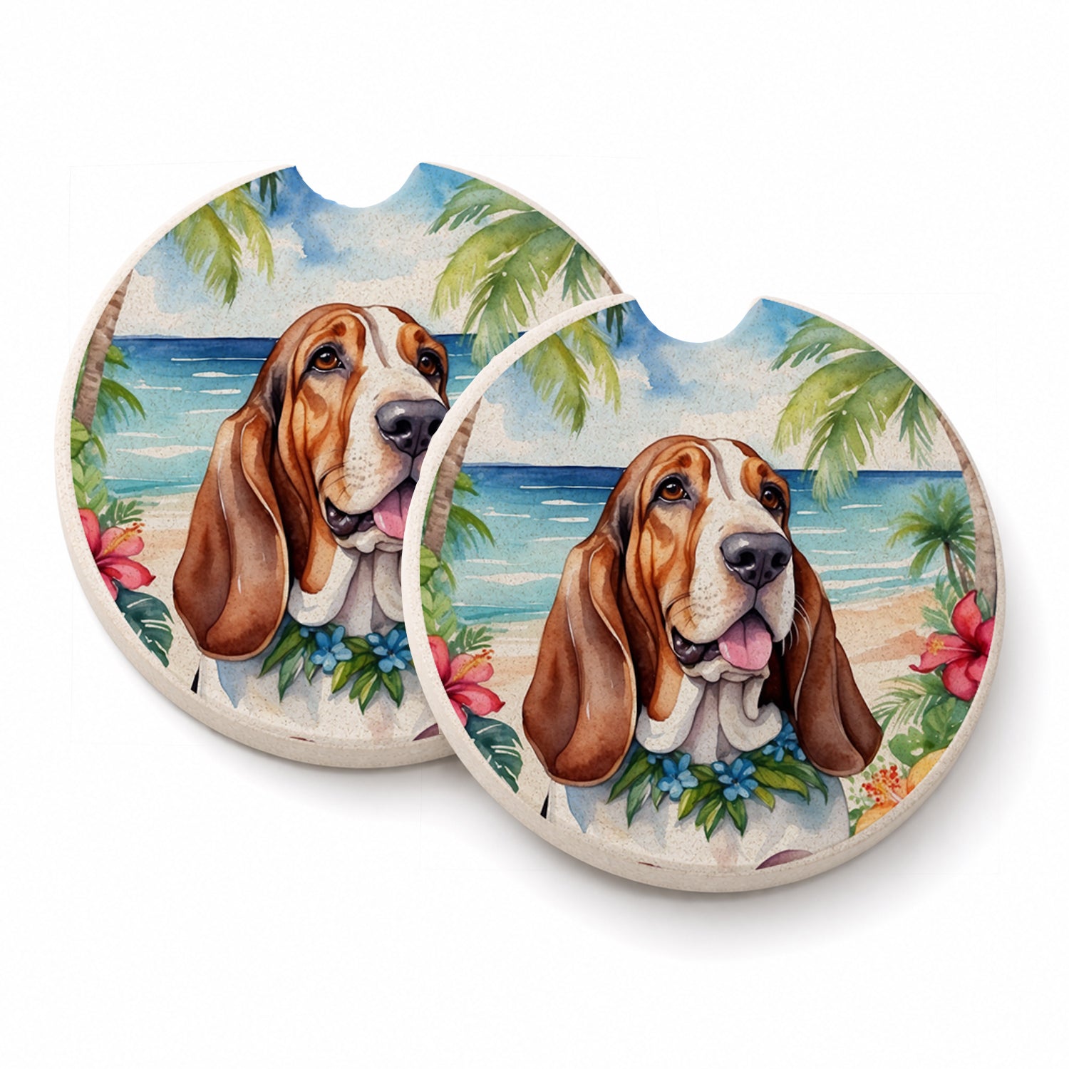 Basset Hound Luau Set of 2 Cup Holder Car Coasters Absorbent Round Sandstone Coasters Gifts for Men or Women, 2.5, Multicolor