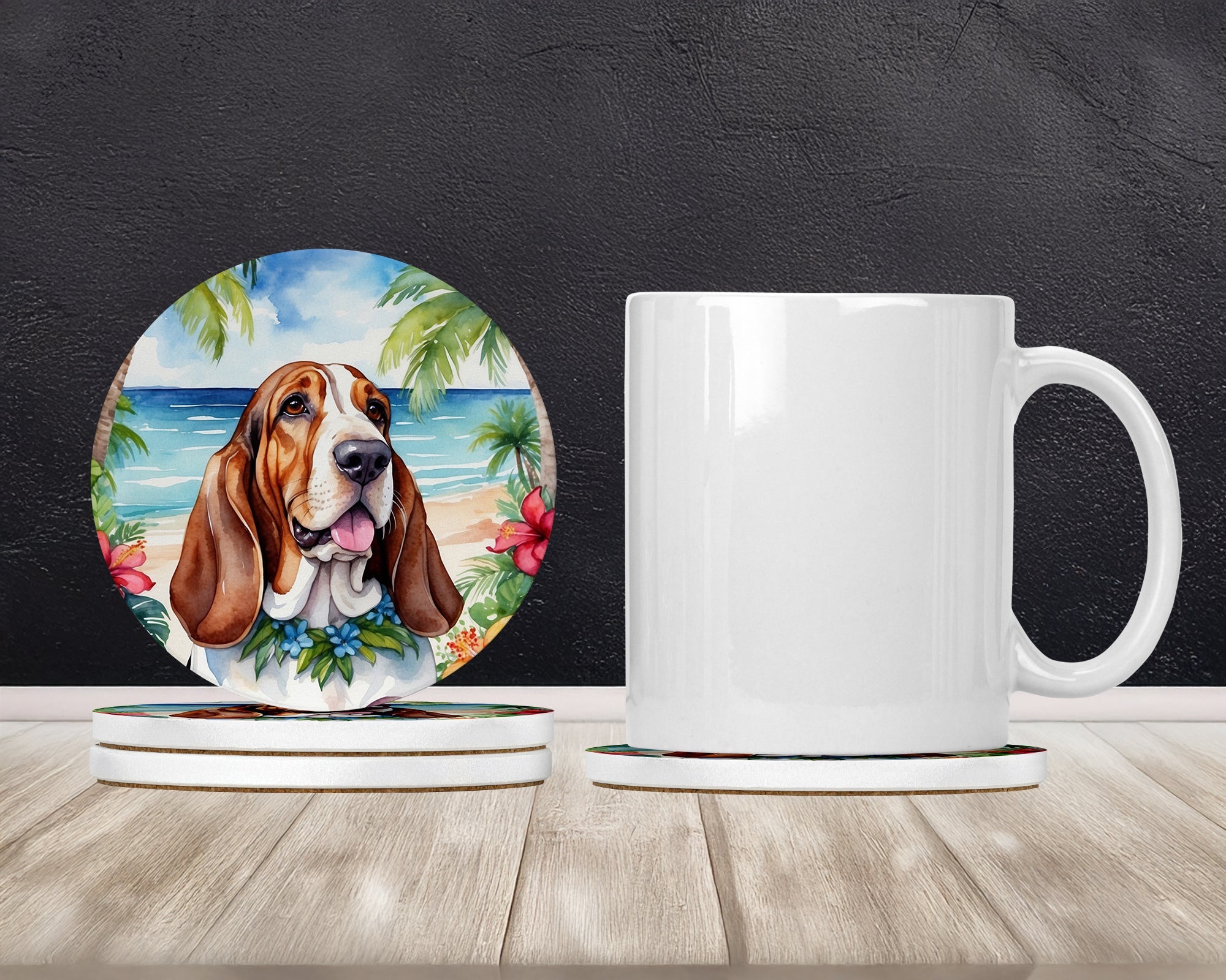 Basset Hound Luau Large Sandstone Coasters Pack of 4 Absorbent Round Coasters Decor Gifts for Men or Women, 4 in, Multicolor