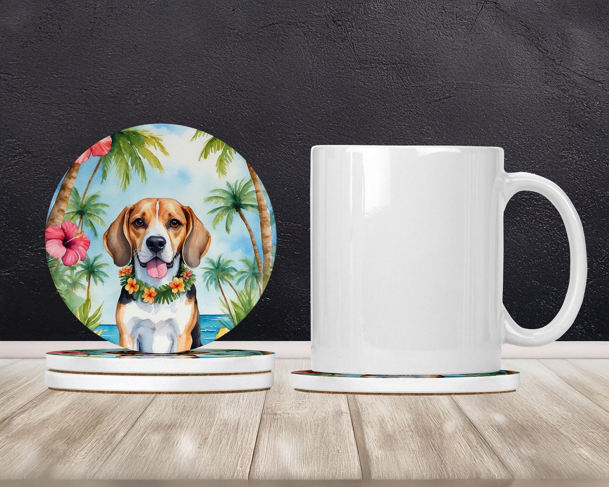 Beagle Luau Large Sandstone Coasters Pack of 4 Absorbent Round Coasters Decor Gifts for Men or Women, 4 in, Multicolor