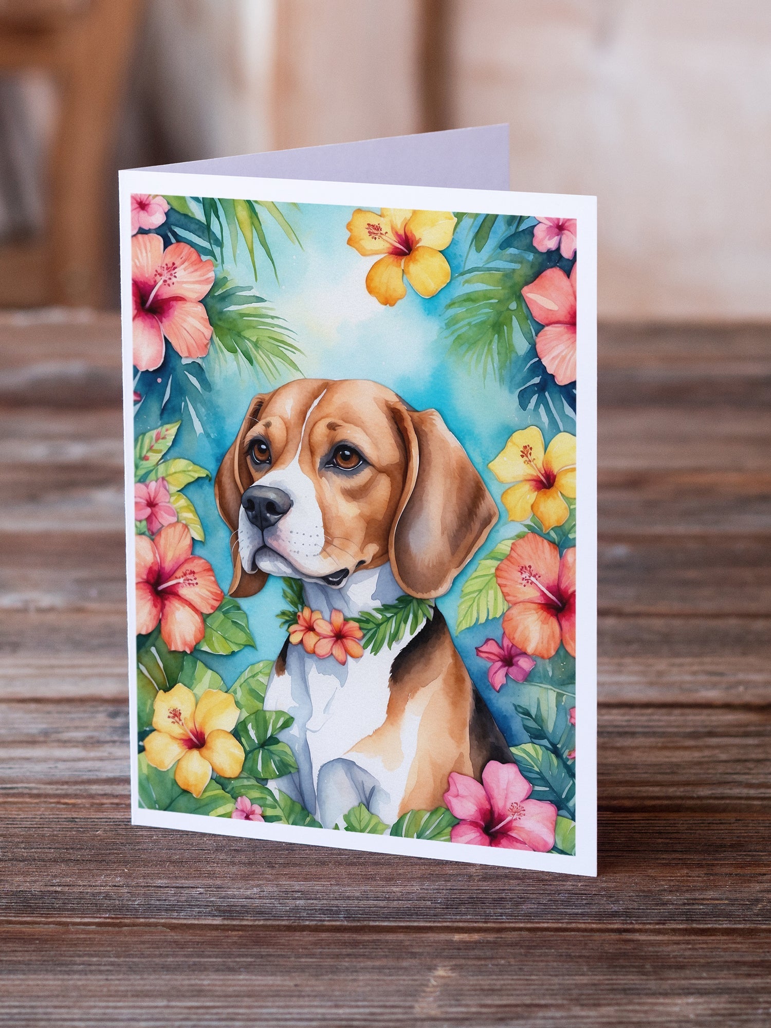 Beagle Luau Greeting Cards Pack of 8 Blank Cards with Envelopes Whimsical A7 Size 5x7
