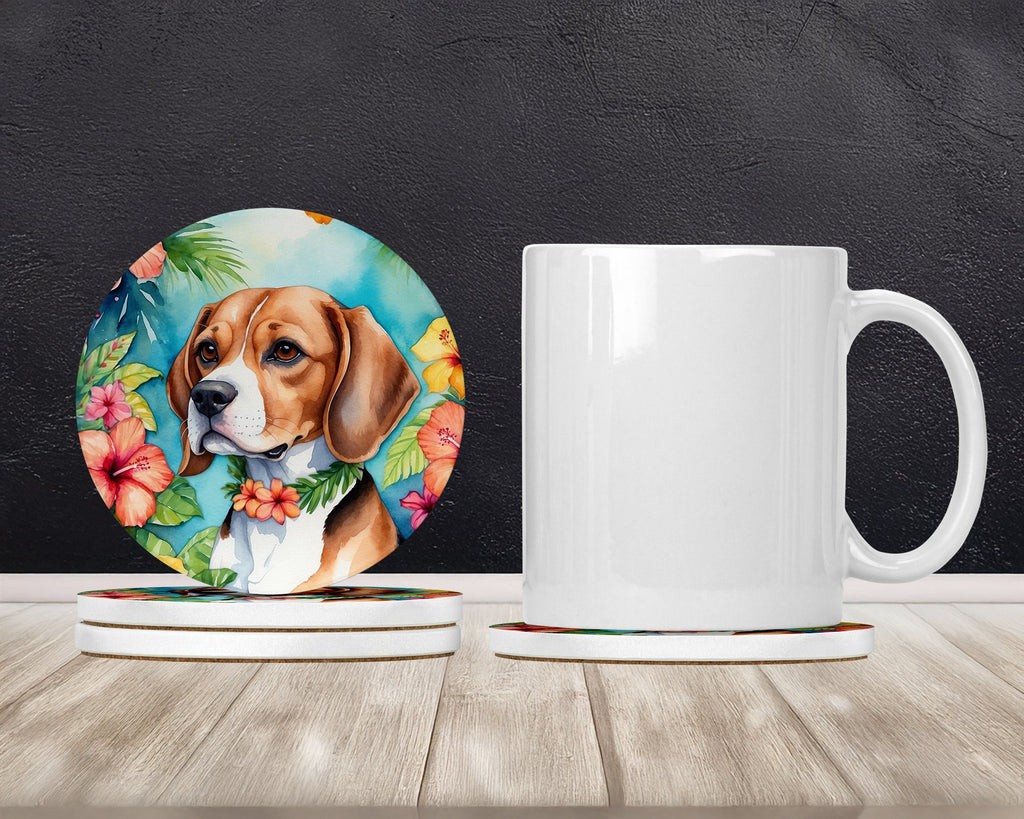 Beagle Luau Large Sandstone Coasters Pack of 4 Absorbent Round Coasters Decor Gifts for Men or Women, 4 in, Multicolor