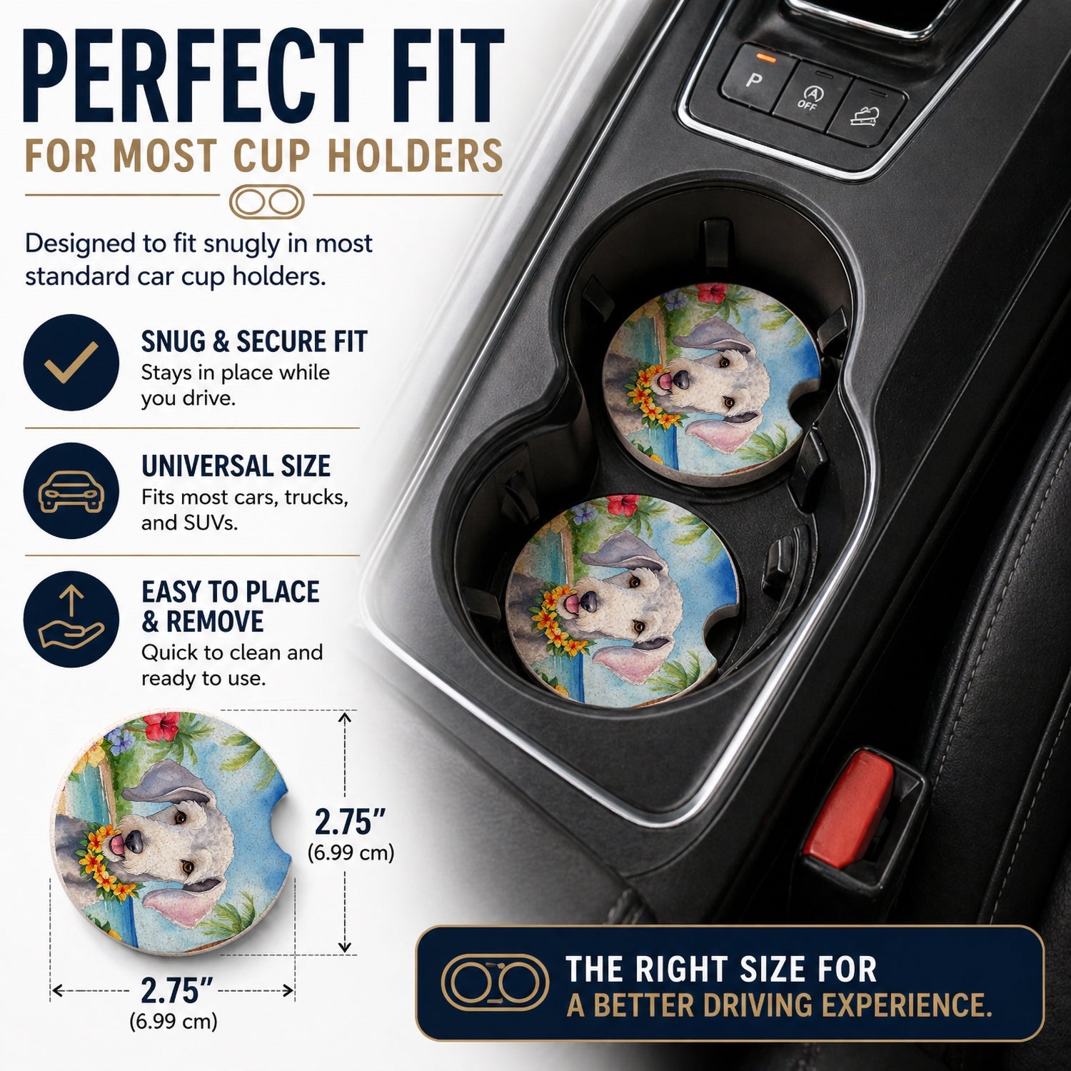 Bedlington Terrier Luau Set of 2 Cup Holder Car Coasters Absorbent Round Sandstone Coasters Gifts for Men or Women, 2.5, Multicolor