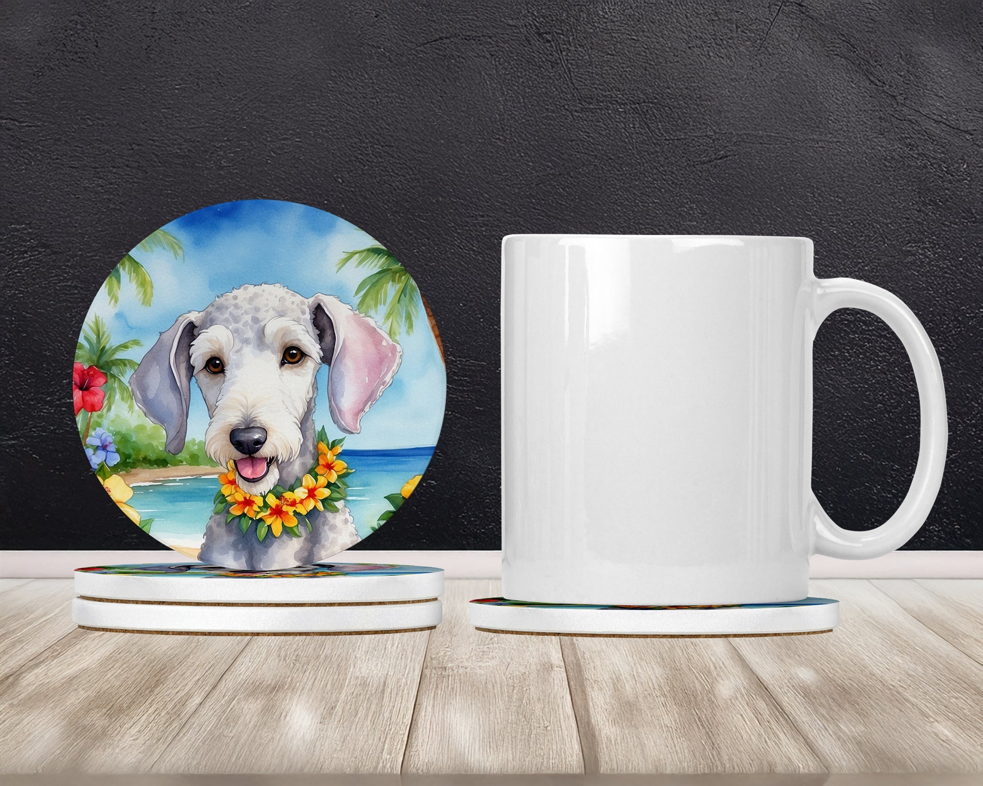 Bedlington Terrier Luau Large Sandstone Coasters Pack of 4 Absorbent Round Coasters Decor Gifts for Men or Women, 4 in, Multicolor