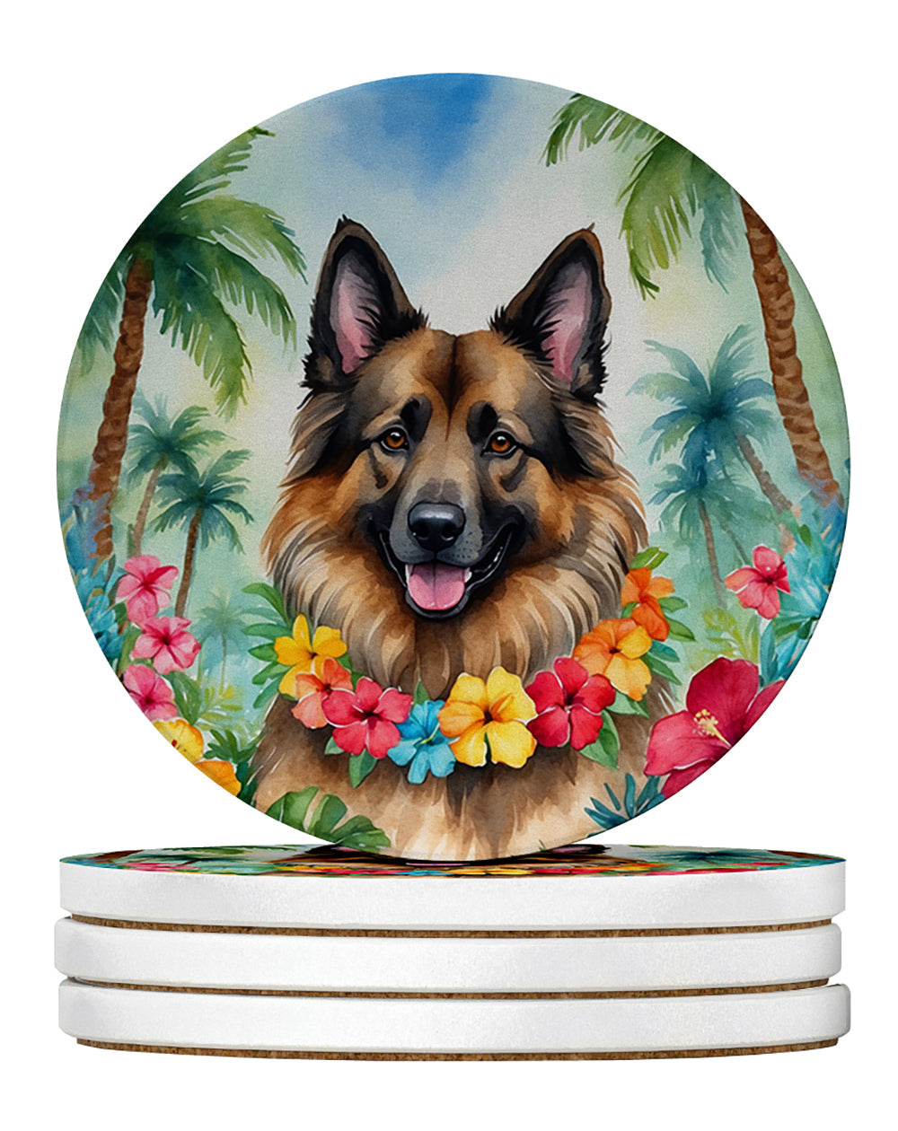 Belgian Tervuren Luau Large Sandstone Coasters Pack of 4 Absorbent Round Coasters Decor Gifts for Men or Women, 4 in, Multicolor