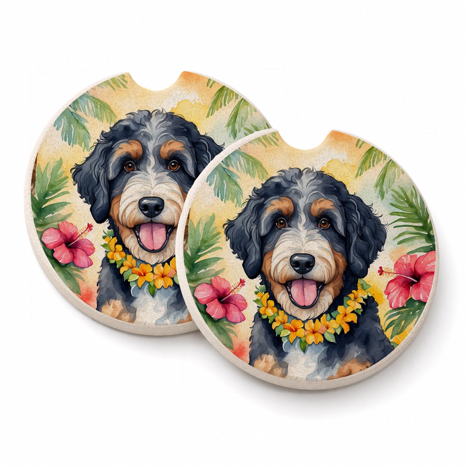 Bernedoodle Luau Set of 2 Cup Holder Car Coasters Absorbent Round Sandstone Coasters Gifts for Men or Women, 2.5, Multicolor