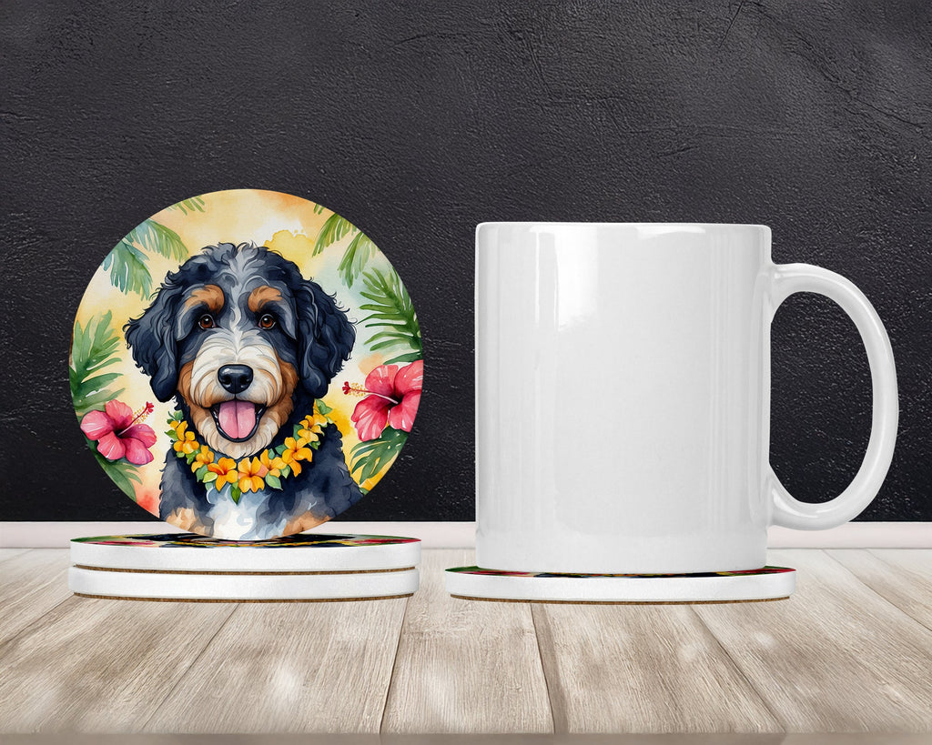 Bernedoodle Luau Large Sandstone Coasters Pack of 4 Absorbent Round Coasters Decor Gifts for Men or Women, 4 in, Multicolor