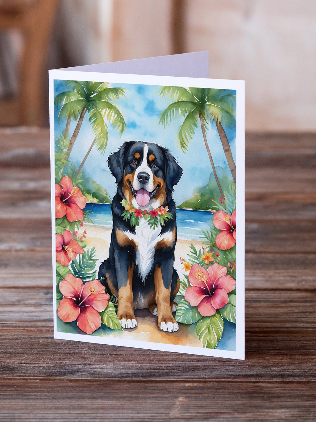 Bernese Mountain Dog Luau Greeting Cards Pack of 8 Blank Cards with Envelopes Whimsical A7 Size 5x7