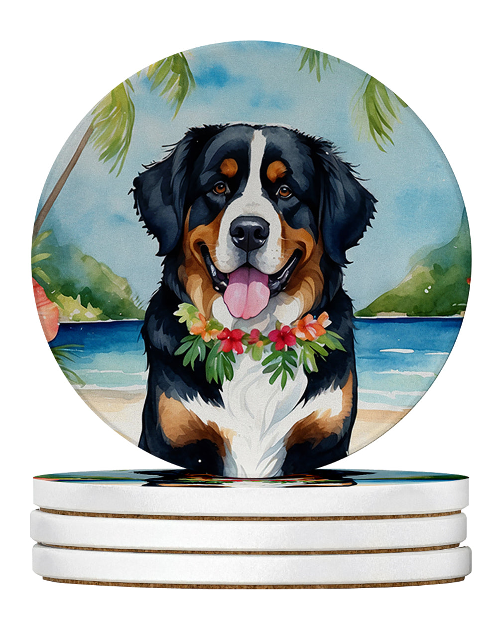 Bernese Mountain Dog Luau Large Sandstone Coasters Pack of 4 Absorbent Round Coasters Decor Gifts for Men or Women, 4 in, Multicolor