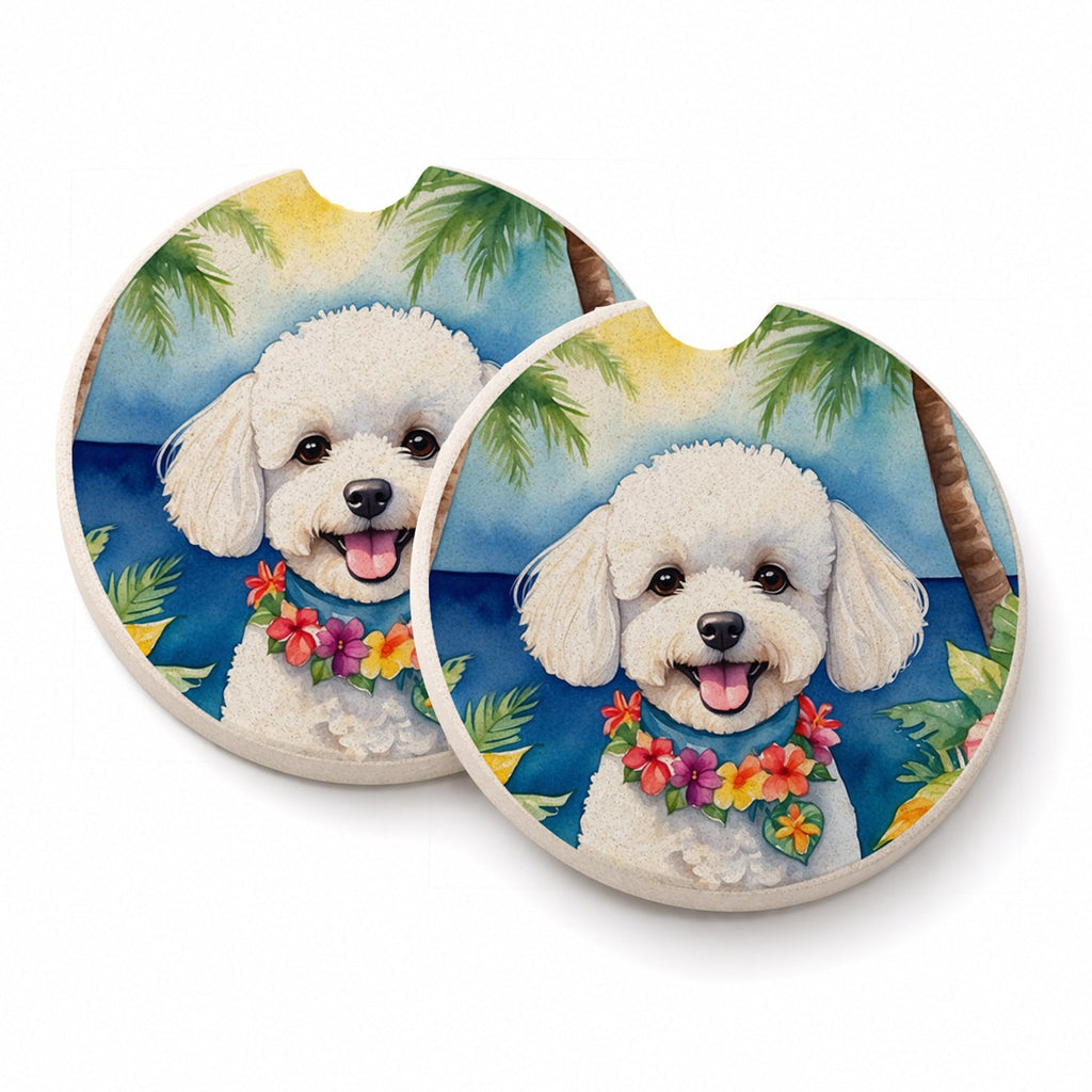 Bichon Frise Luau Set of 2 Cup Holder Car Coasters Absorbent Round Sandstone Coasters Gifts for Men or Women, 2.5, Multicolor