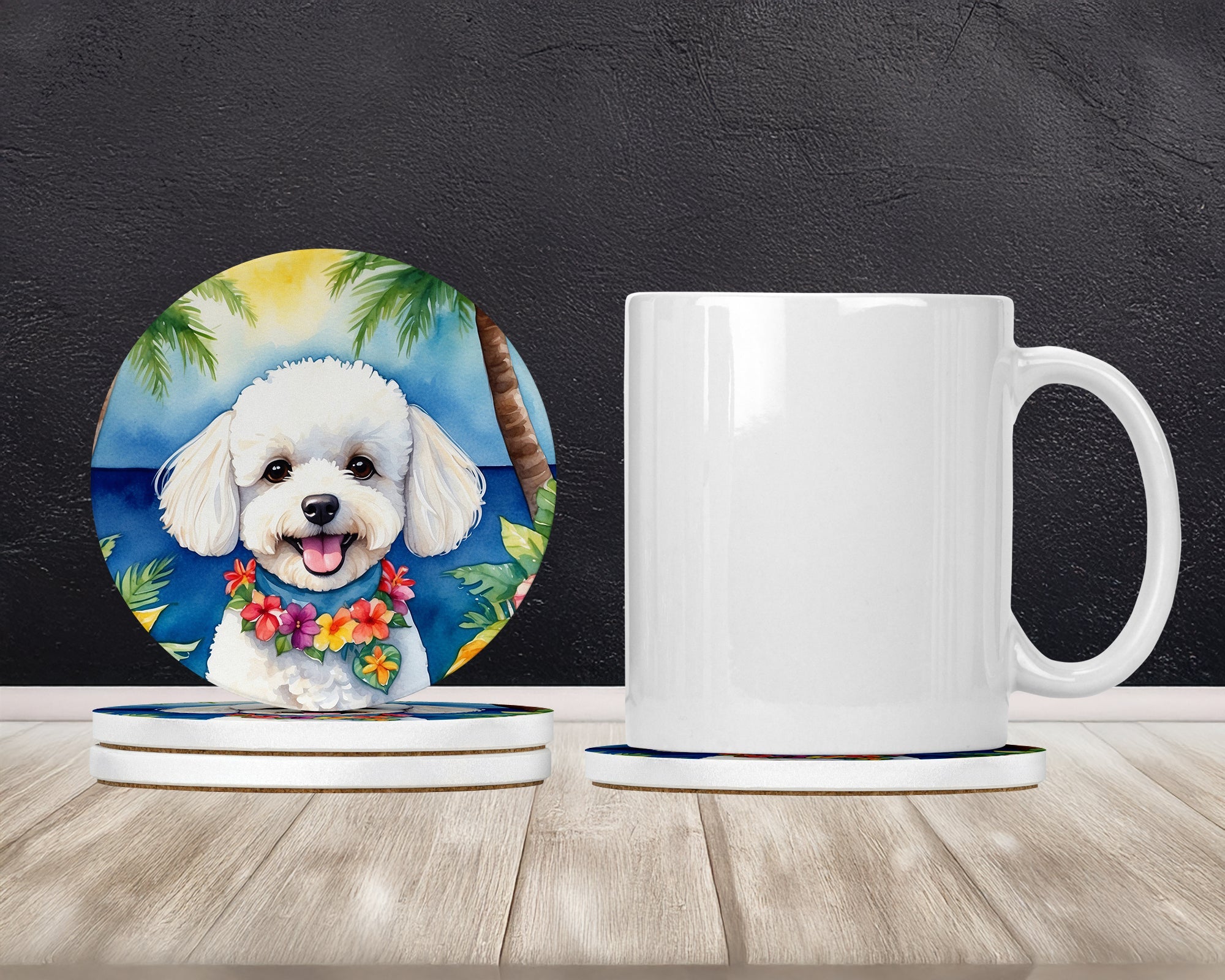 Bichon Frise Luau Large Sandstone Coasters Pack of 4 Absorbent Round Coasters Decor Gifts for Men or Women, 4 in, Multicolor