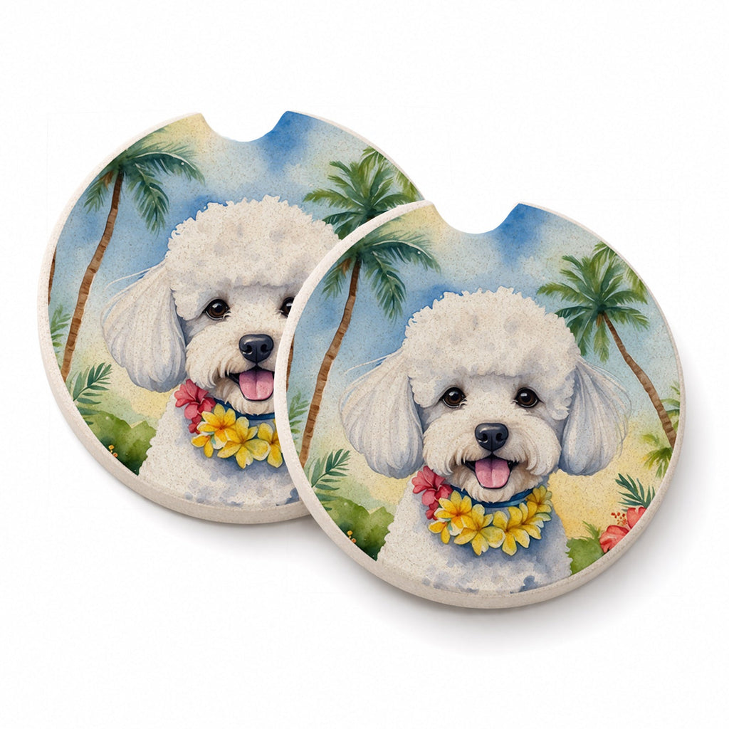 Bichon Frise Luau Set of 2 Cup Holder Car Coasters Absorbent Round Sandstone Coasters Gifts for Men or Women, 2.5, Multicolor