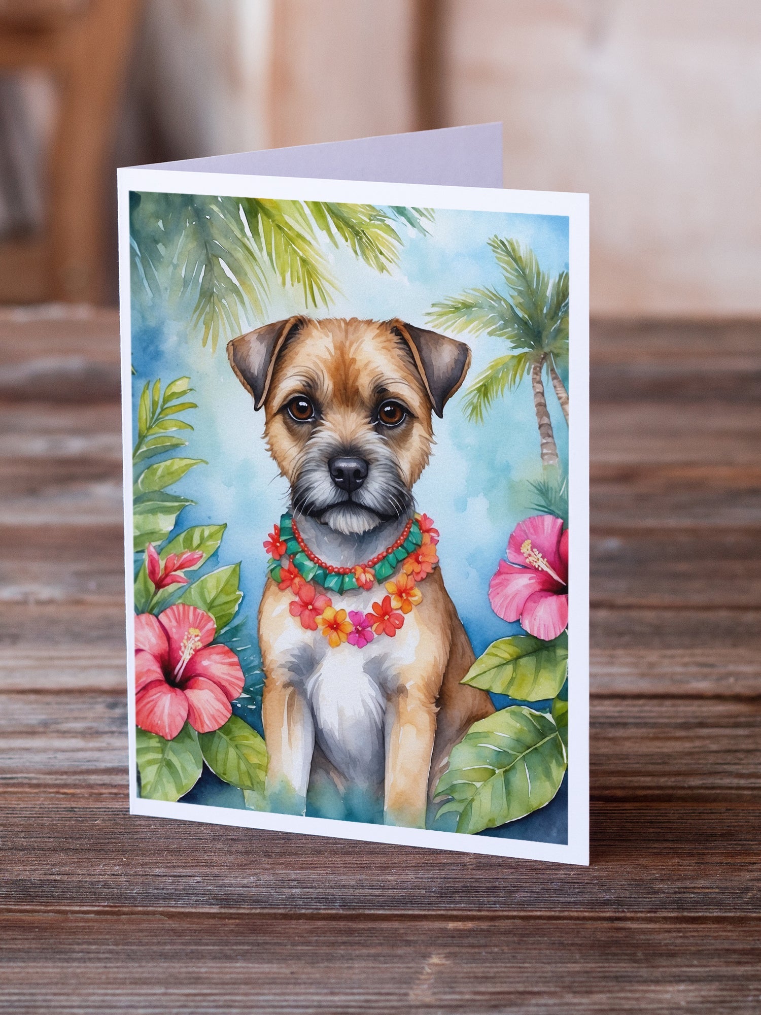 Border Terrier Luau Greeting Cards Pack of 8 Blank Cards with Envelopes Whimsical A7 Size 5x7