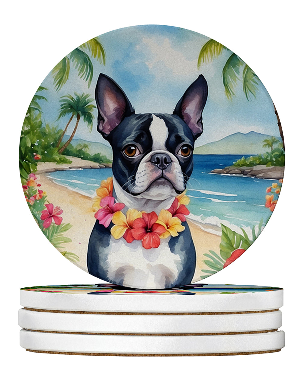 Boston Terrier Luau Large Sandstone Coasters Pack of 4 Absorbent Round Coasters Decor Gifts for Men or Women, 4 in, Multicolor
