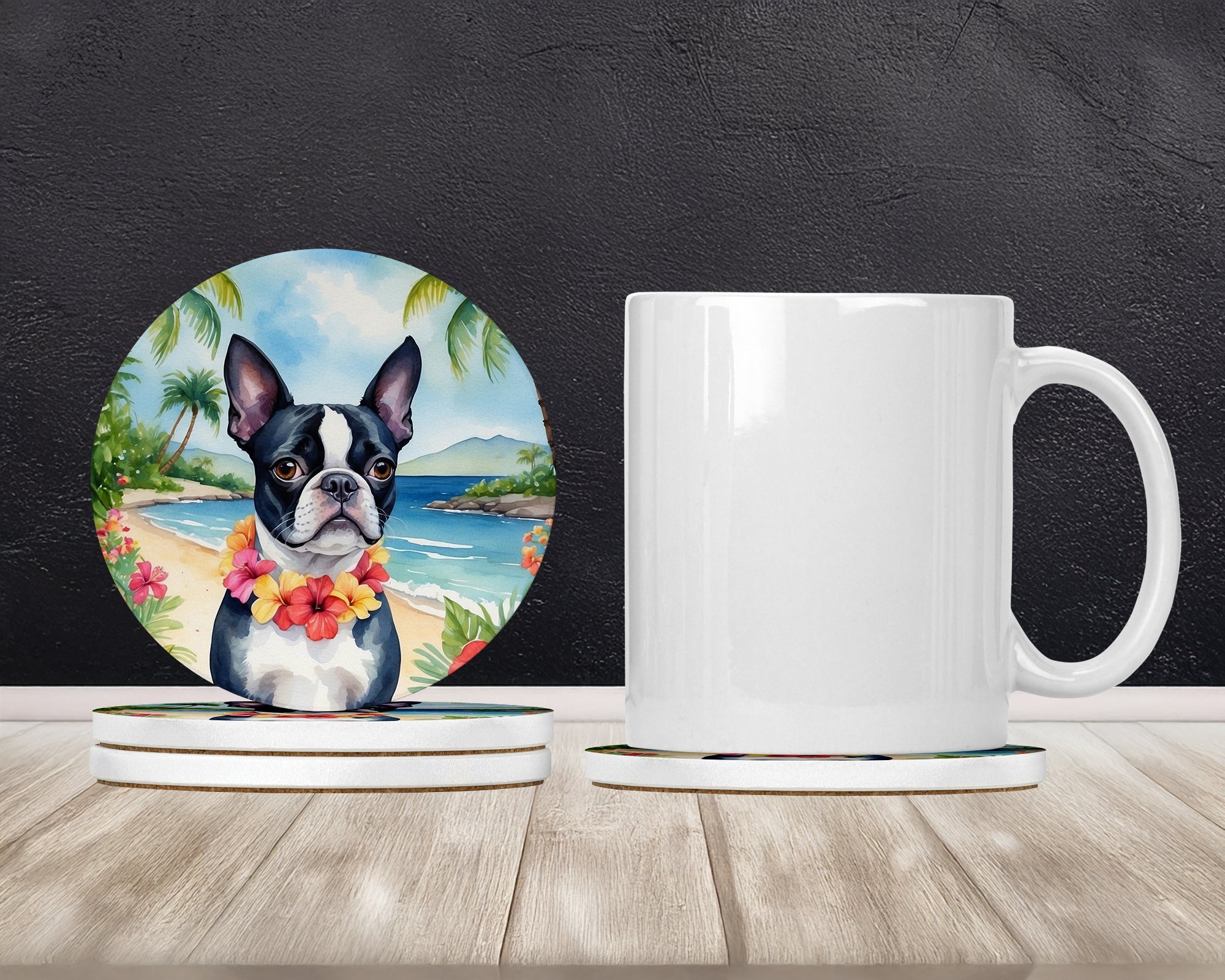 Boston Terrier Luau Large Sandstone Coasters Pack of 4 Absorbent Round Coasters Decor Gifts for Men or Women, 4 in, Multicolor