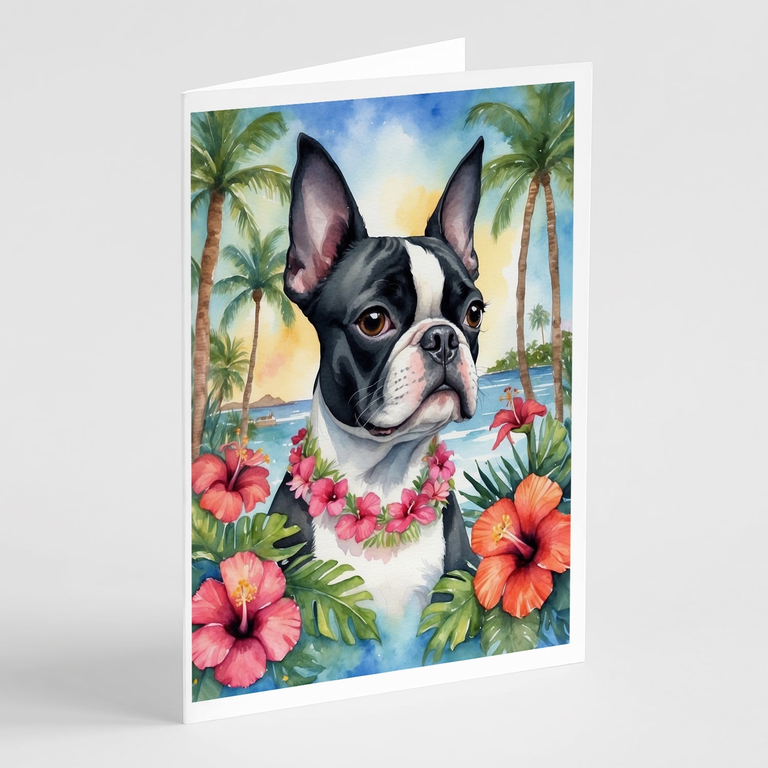 Boston Terrier Luau Greeting Cards Pack of 8 Blank Cards with Envelopes Whimsical A7 Size 5x7