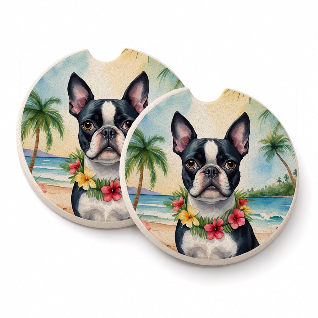 Boston Terrier Luau Set of 2 Cup Holder Car Coasters Absorbent Round Sandstone Coasters Gifts for Men or Women, 2.5, Multicolor
