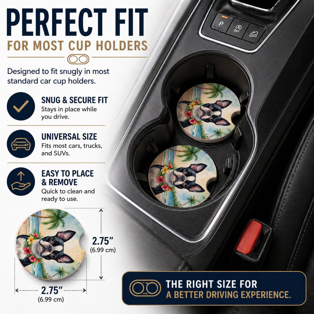 Boston Terrier Luau Set of 2 Cup Holder Car Coasters Absorbent Round Sandstone Coasters Gifts for Men or Women, 2.5, Multicolor
