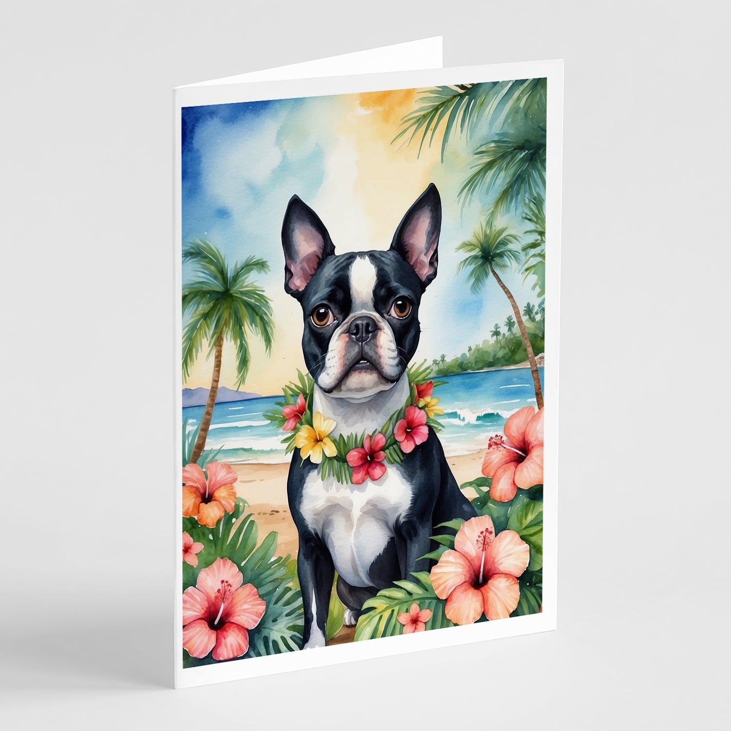 Boston Terrier Luau Greeting Cards Pack of 8 Blank Cards with Envelopes Whimsical A7 Size 5x7
