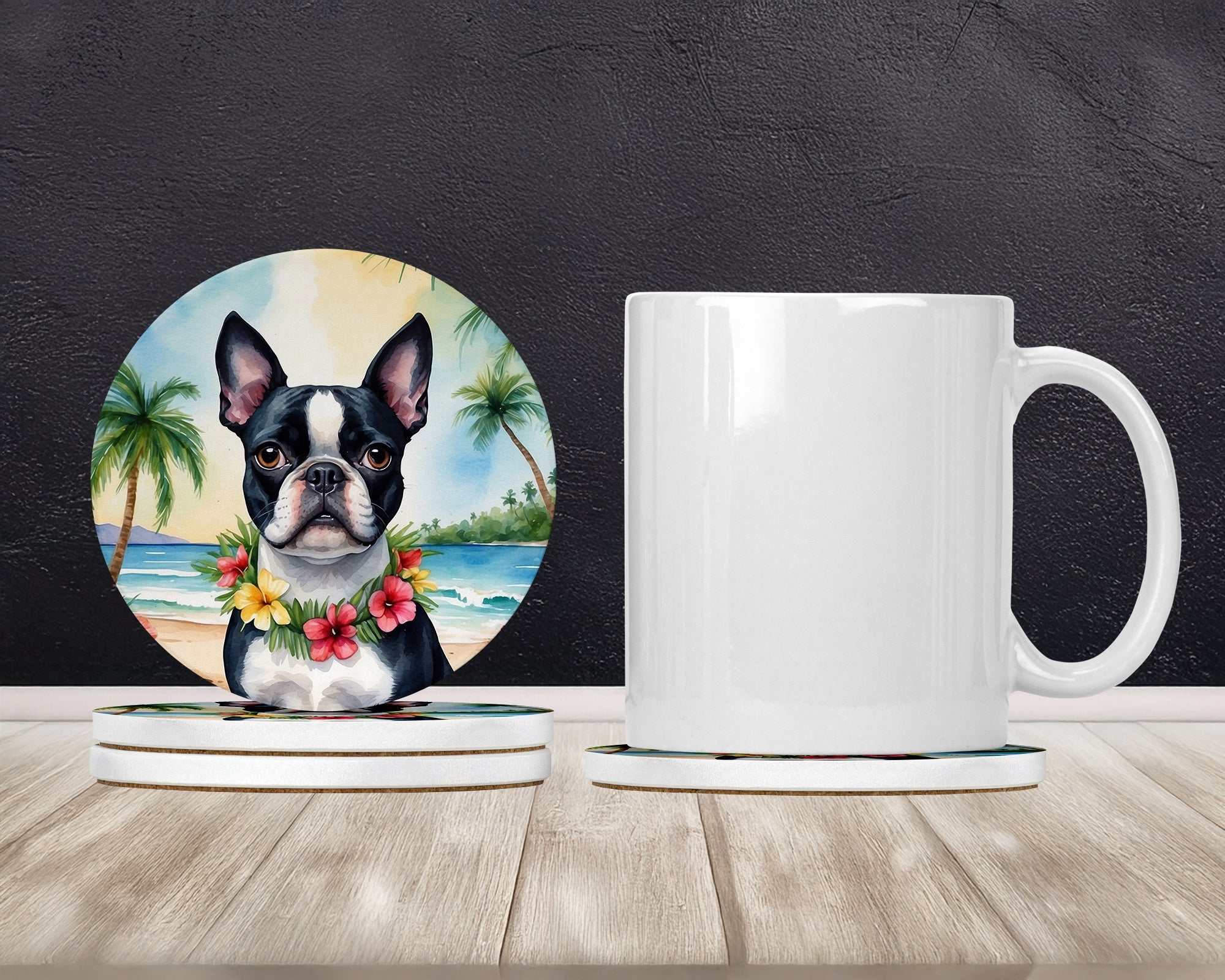Boston Terrier Luau Large Sandstone Coasters Pack of 4 Absorbent Round Coasters Decor Gifts for Men or Women, 4 in, Multicolor