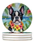 Boston Terrier Luau Large Sandstone Coasters Pack of 4 Absorbent Round Coasters Decor Gifts for Men or Women, 4 in, Multicolor