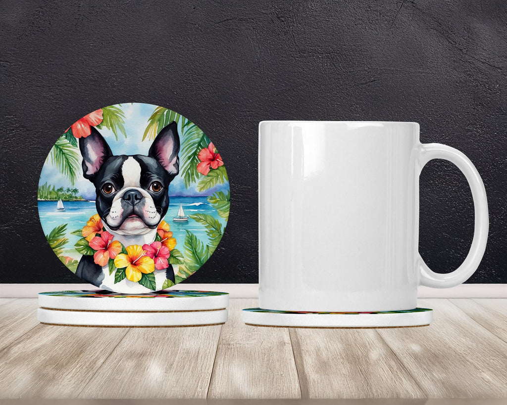 Boston Terrier Luau Large Sandstone Coasters Pack of 4 Absorbent Round Coasters Decor Gifts for Men or Women, 4 in, Multicolor