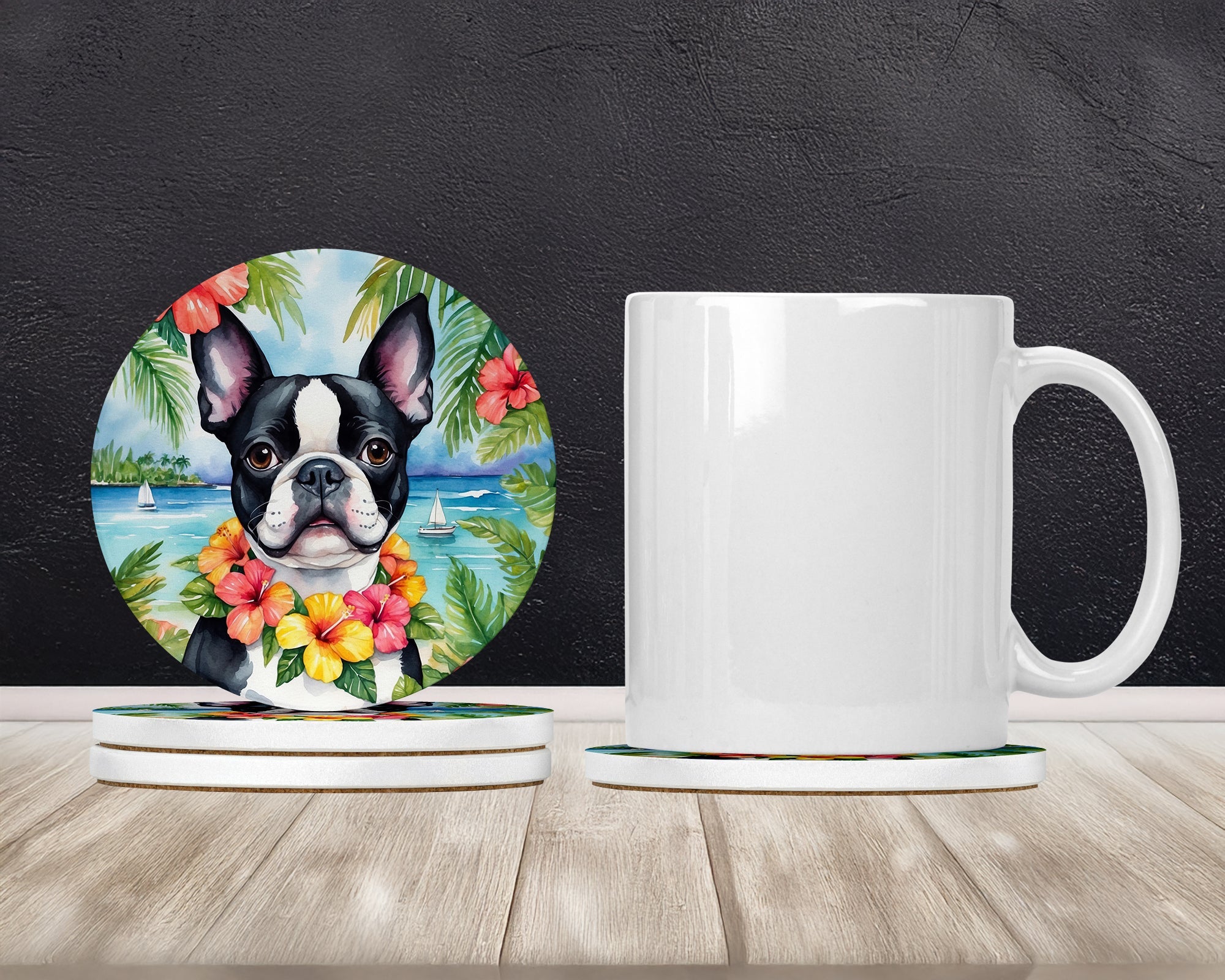Boston Terrier Luau Large Sandstone Coasters Pack of 4 Absorbent Round Coasters Decor Gifts for Men or Women, 4 in, Multicolor