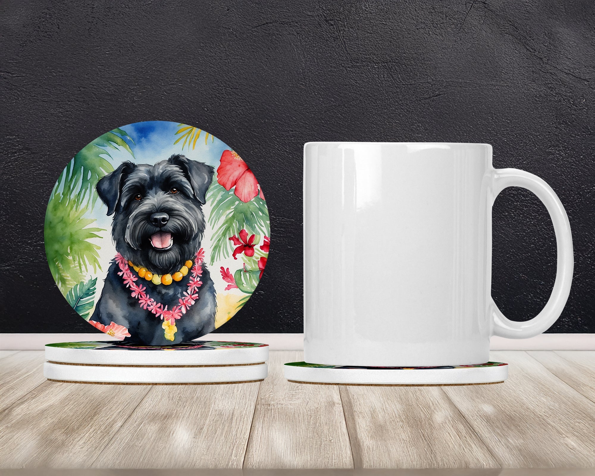 Bouvier des Flandres Luau Large Sandstone Coasters Pack of 4 Absorbent Round Coasters Decor Gifts for Men or Women, 4 in, Multicolor