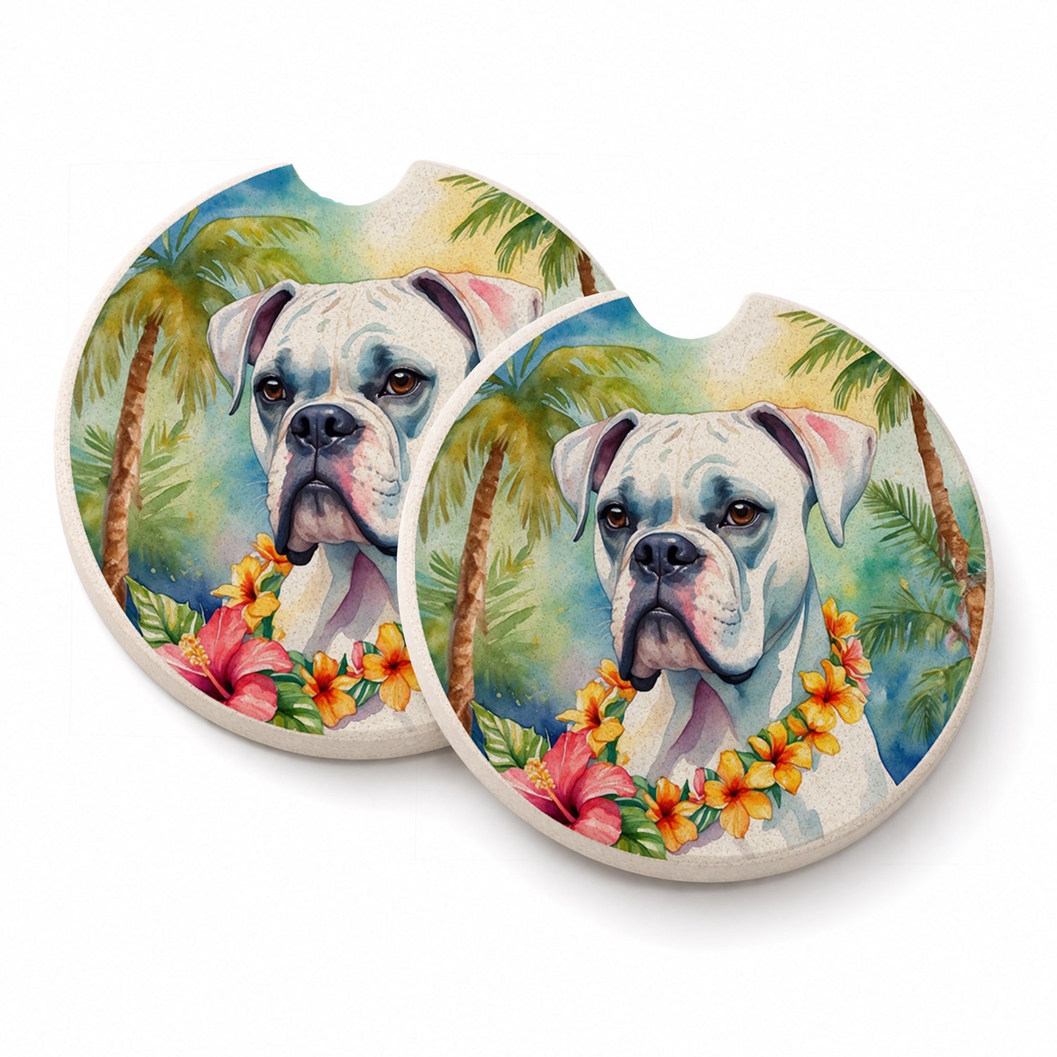 White Boxer Luau Set of 2 Cup Holder Car Coasters Absorbent Round Sandstone Coasters Gifts for Men or Women, 2.5, Multicolor