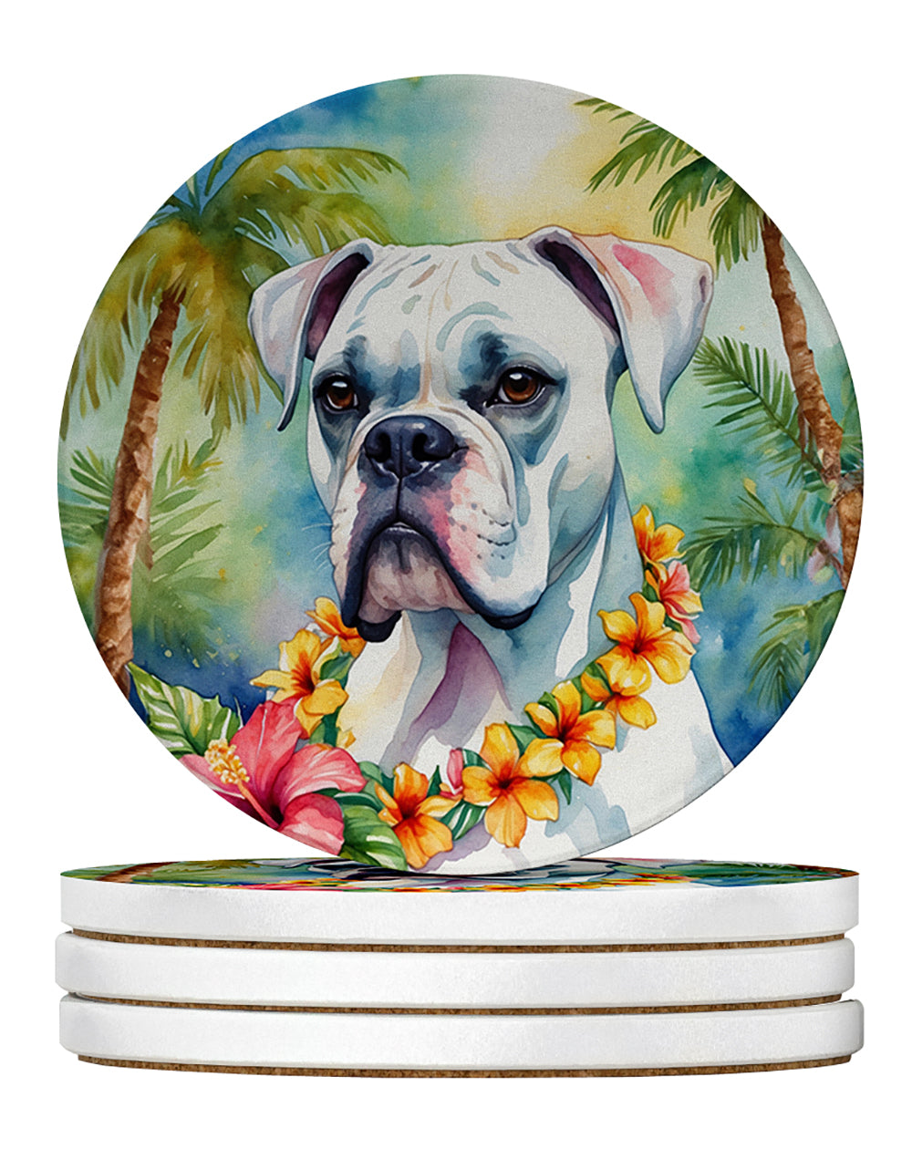 White Boxer Luau Large Sandstone Coasters Pack of 4 Absorbent Round Coasters Decor Gifts for Men or Women, 4 in, Multicolor