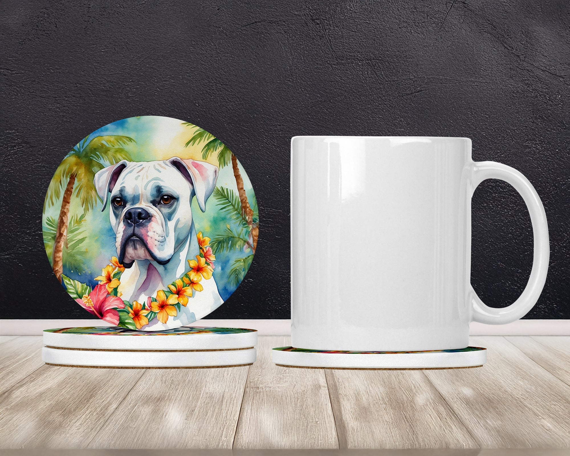 White Boxer Luau Large Sandstone Coasters Pack of 4 Absorbent Round Coasters Decor Gifts for Men or Women, 4 in, Multicolor