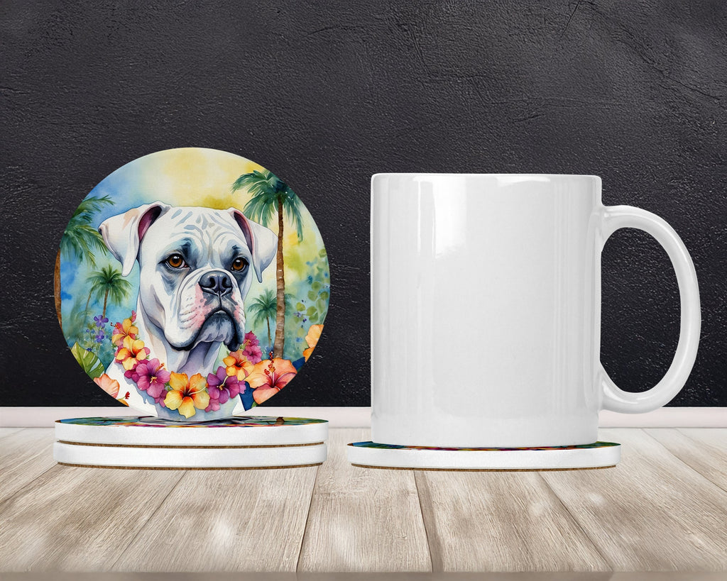 White Boxer Luau Large Sandstone Coasters Pack of 4 Absorbent Round Coasters Decor Gifts for Men or Women, 4 in, Multicolor
