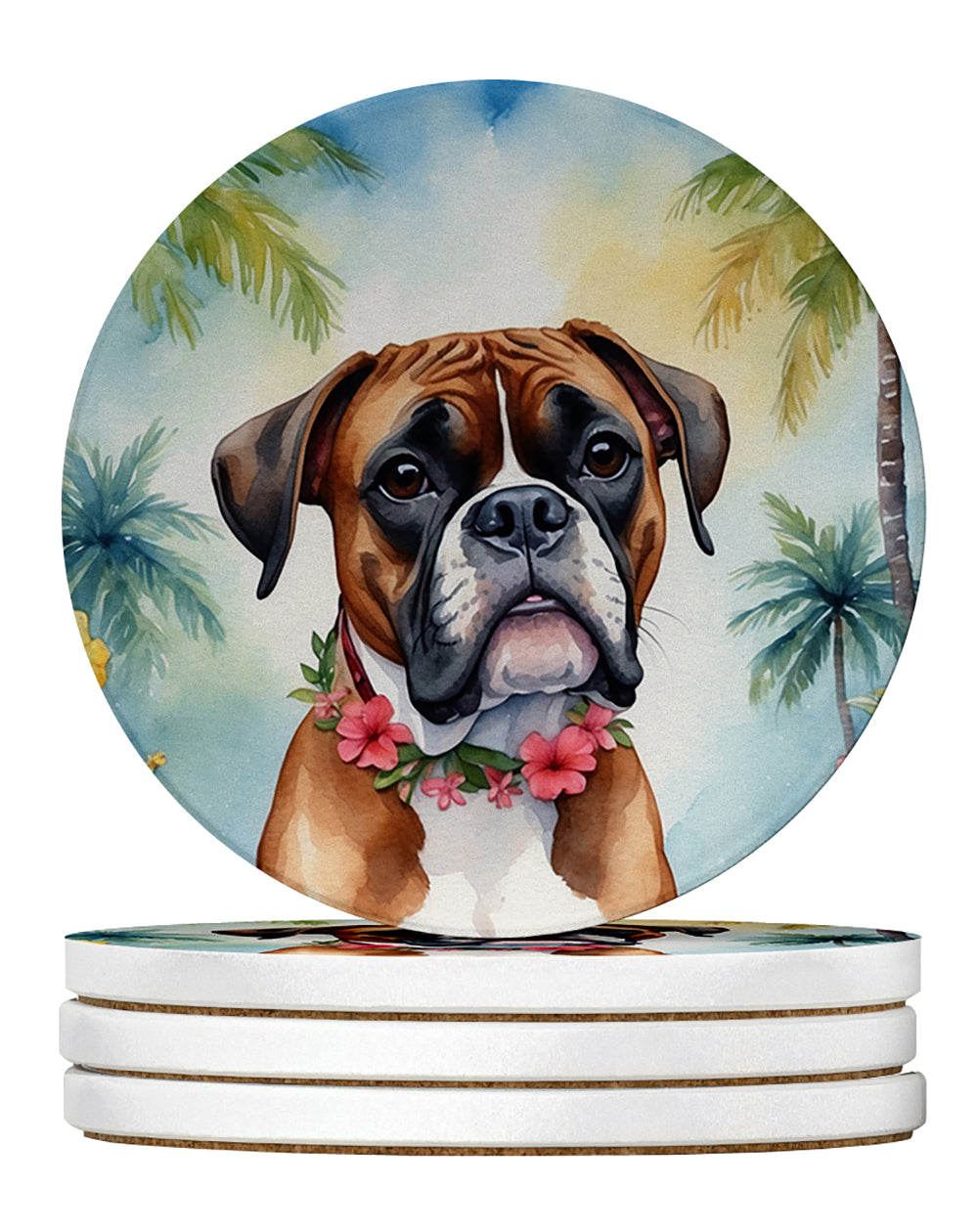 Boxer Luau Large Sandstone Coasters Pack of 4 Absorbent Round Coasters Decor Gifts for Men or Women, 4 in, Multicolor