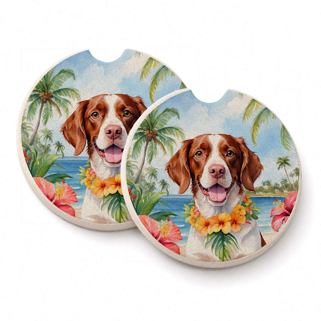 Brittany Spaniel Luau Set of 2 Cup Holder Car Coasters Absorbent Round Sandstone Coasters Gifts for Men or Women, 2.5, Multicolor
