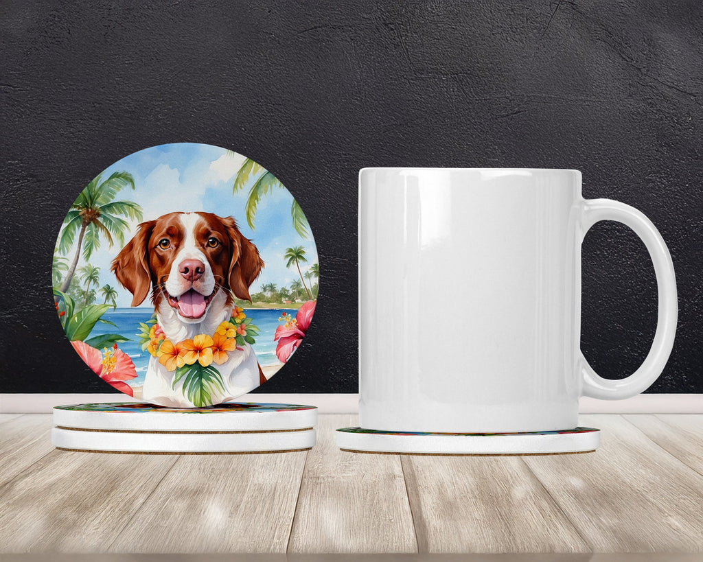 Brittany Spaniel Luau Large Sandstone Coasters Pack of 4 Absorbent Round Coasters Decor Gifts for Men or Women, 4 in, Multicolor
