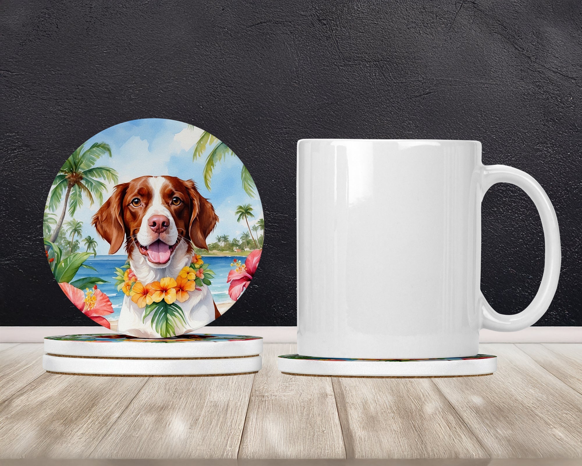 Brittany Spaniel Luau Large Sandstone Coasters Pack of 4 Absorbent Round Coasters Decor Gifts for Men or Women, 4 in, Multicolor