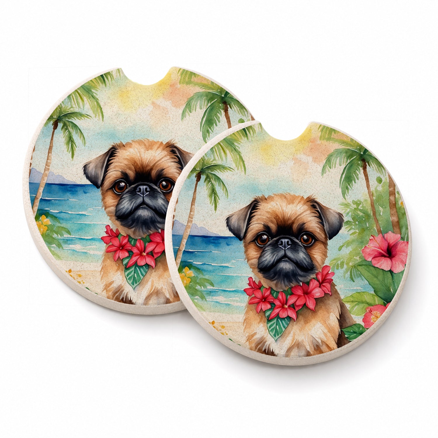 Brussels Griffon Luau Set of 2 Cup Holder Car Coasters Absorbent Round Sandstone Coasters Gifts for Men or Women, 2.5, Multicolor