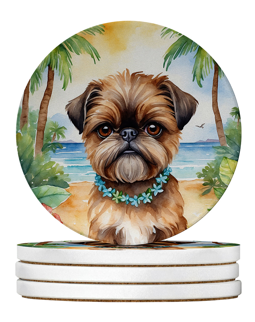 Brussels Griffon Luau Large Sandstone Coasters Pack of 4 Absorbent Round Coasters Decor Gifts for Men or Women, 4 in, Multicolor