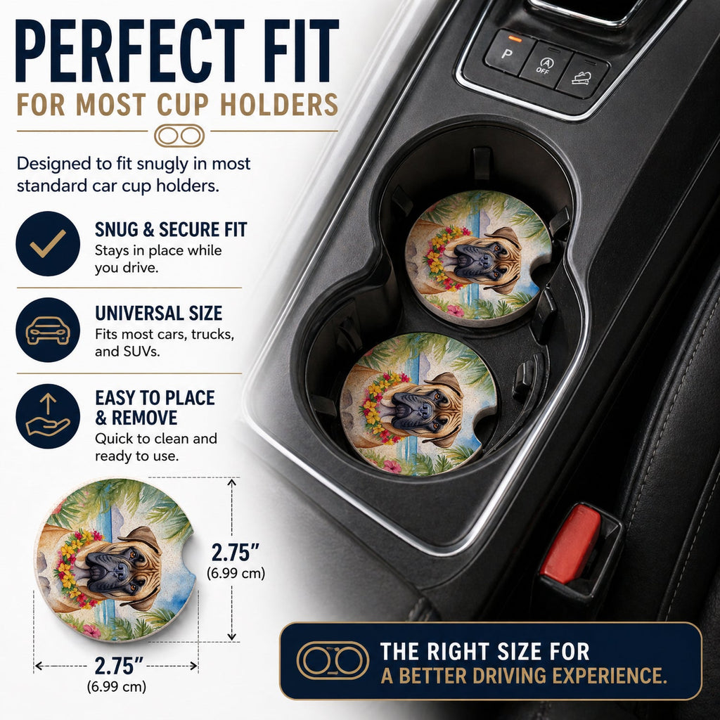 Bullmastiff Luau Set of 2 Cup Holder Car Coasters Absorbent Round Sandstone Coasters Gifts for Men or Women, 2.5, Multicolor