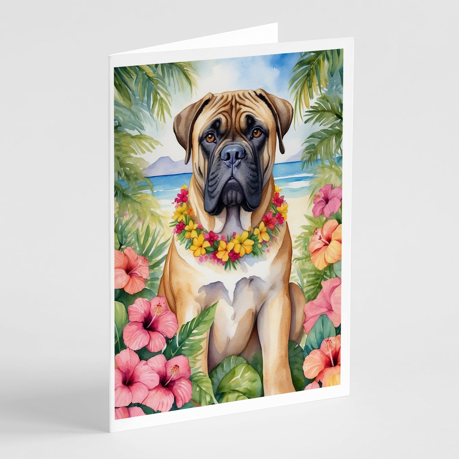 Bullmastiff Luau Greeting Cards Pack of 8 Blank Cards with Envelopes Whimsical A7 Size 5x7