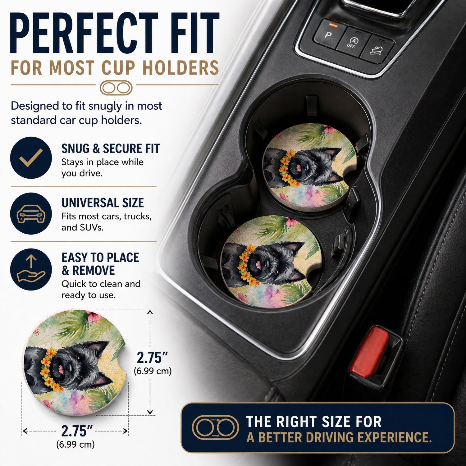 Cairn Terrier Luau Set of 2 Cup Holder Car Coasters Absorbent Round Sandstone Coasters Gifts for Men or Women, 2.5, Multicolor