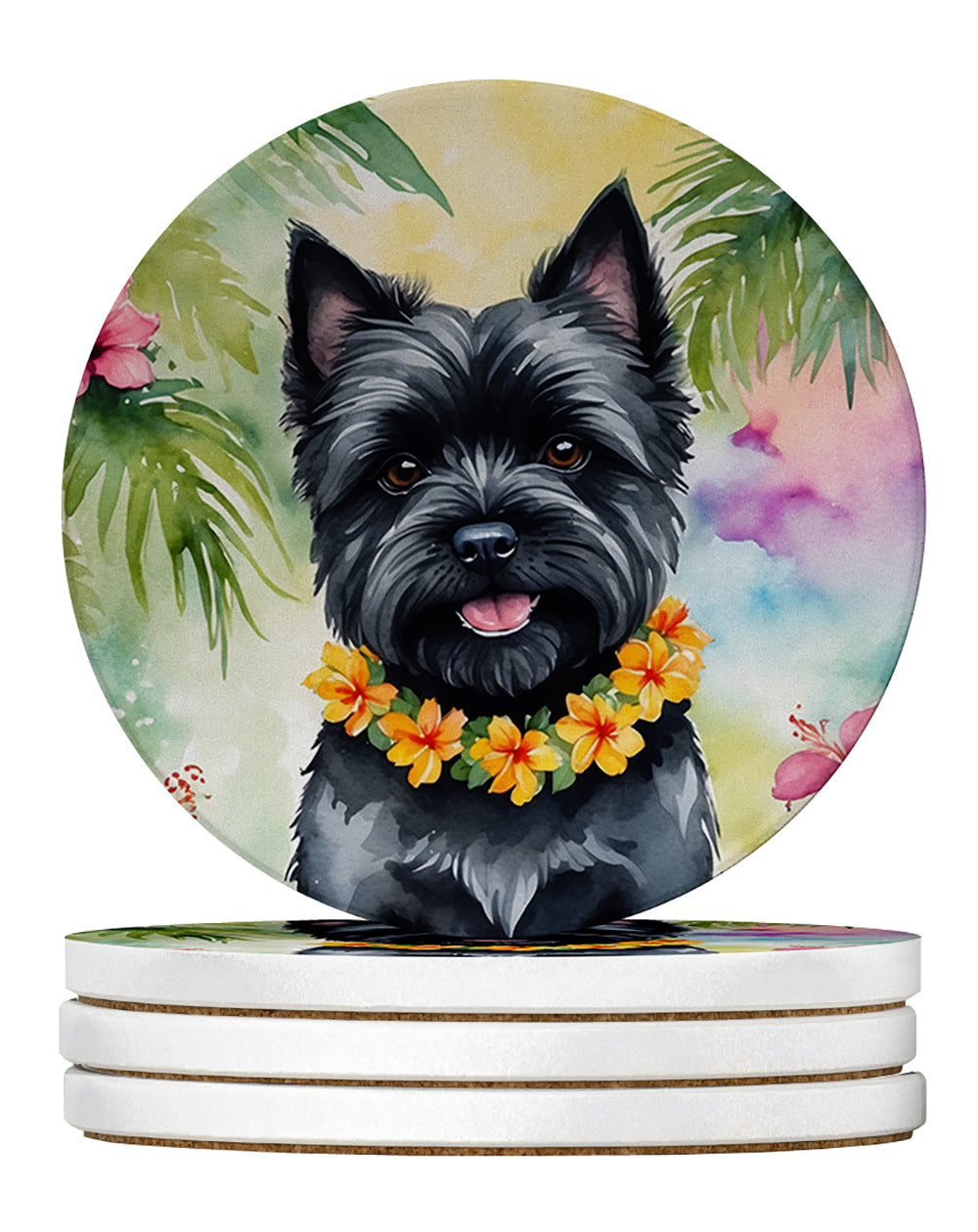 Cairn Terrier Luau Large Sandstone Coasters Pack of 4 Absorbent Round Coasters Decor Gifts for Men or Women, 4 in, Multicolor