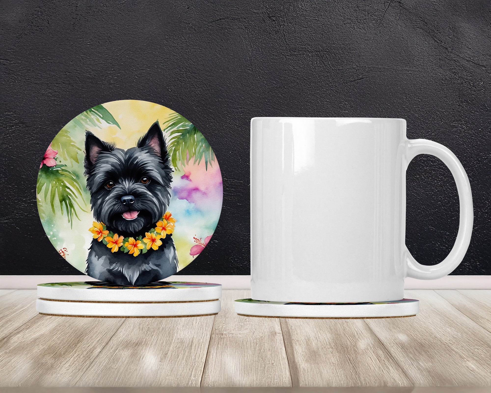 Cairn Terrier Luau Large Sandstone Coasters Pack of 4 Absorbent Round Coasters Decor Gifts for Men or Women, 4 in, Multicolor